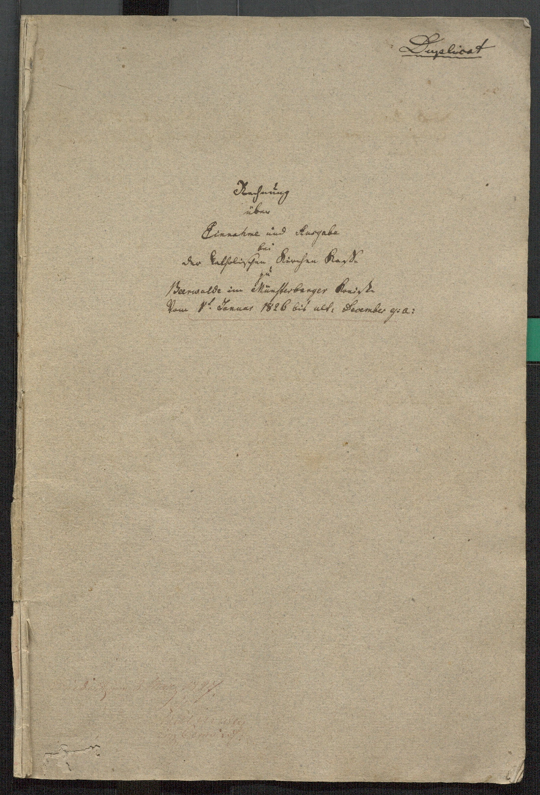 Bärwalder Kirchenkassenbuch 1826, Vorderseite